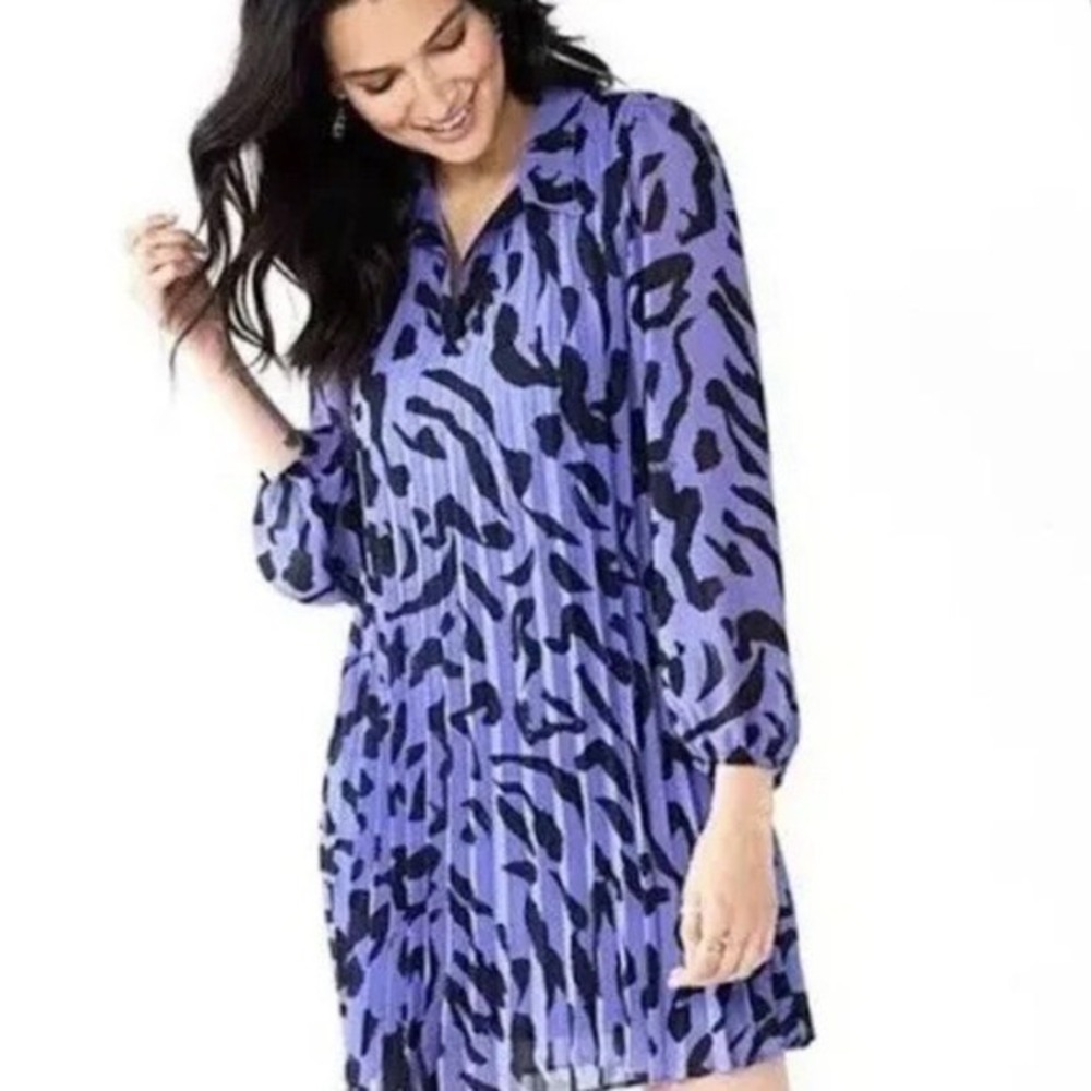 Nine West Purple & Black Abstract Animal Print Pleated Georgette Dress XL